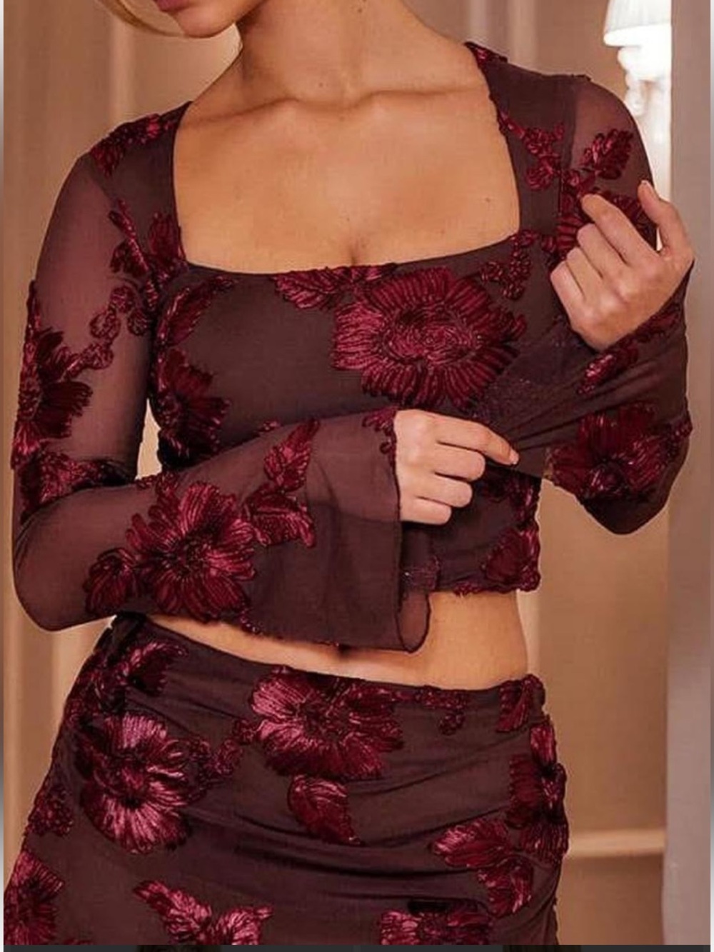 PrettyLittleThing Long Bell Sleeve Brown Floral top  - Size 6 - NWOT